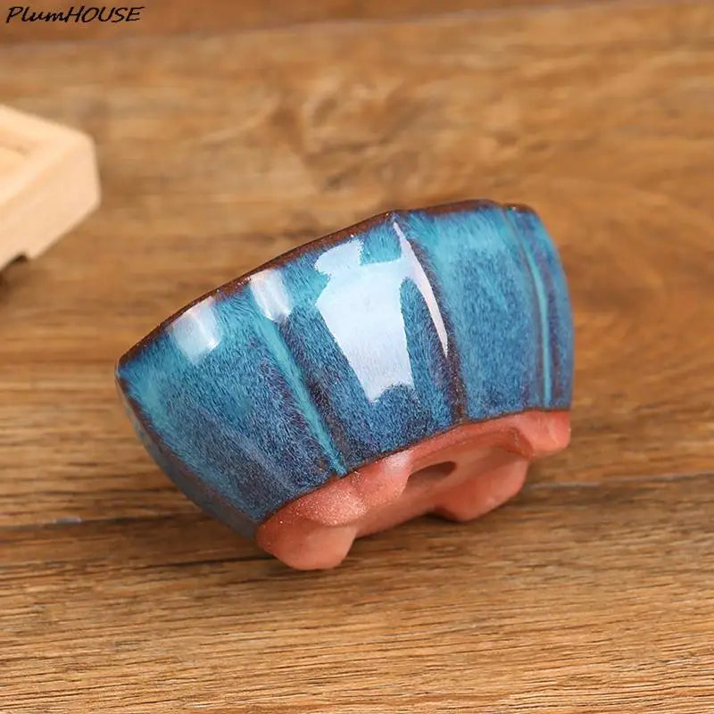 cache pot céramique bleu brun texture floraux classique artisanal plante maison