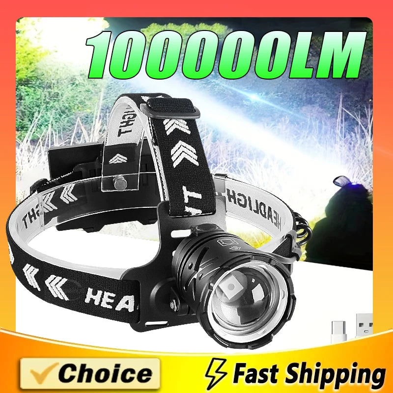lampe frontale rechargeable noir logo blanc ceinture ajustable led ultra lumineuse batterie externe charge