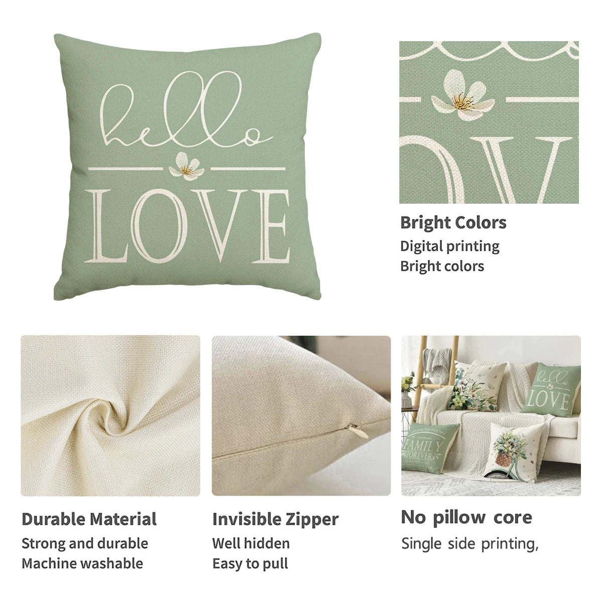 housse coussin carré motif floral vert clair beige rustique polyester lavable glissière invisible 45cm