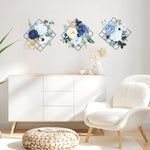 décoration murale moderne fleurs feuillage cadre métallique adhésif intérieur bleu blanc vert doré