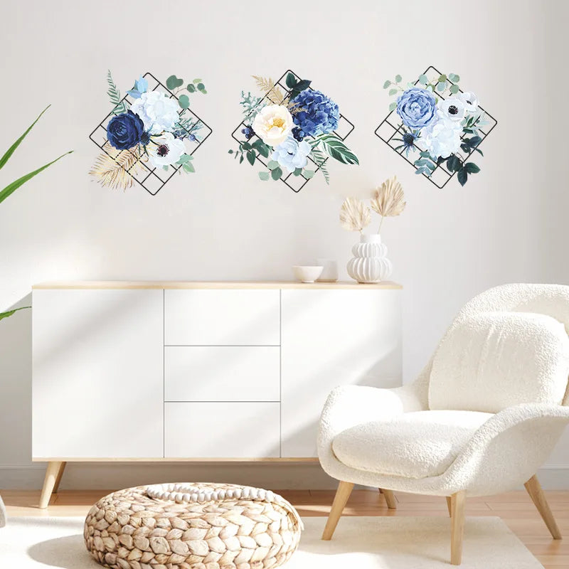 décoration murale moderne fleurs feuillage cadre métallique adhésif intérieur bleu blanc vert doré