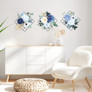 décoration murale moderne fleurs feuillage cadre métallique adhésif intérieur bleu blanc vert doré