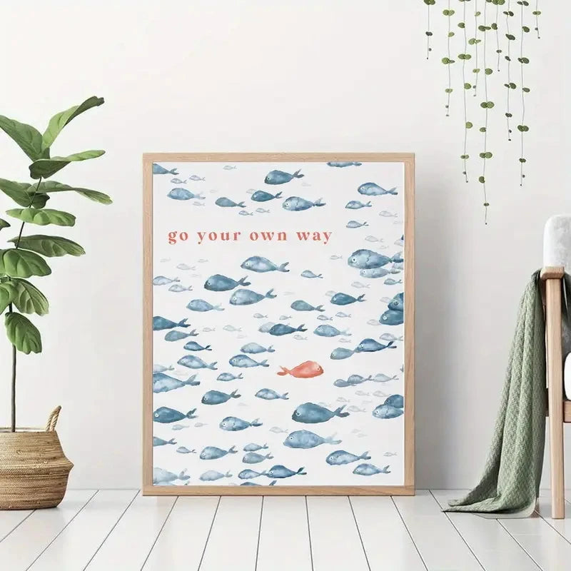 affiche murale poissons bleus fond blanc texte rouge moderne minimalisteintérieur extérieur salon chambre 21x30cm