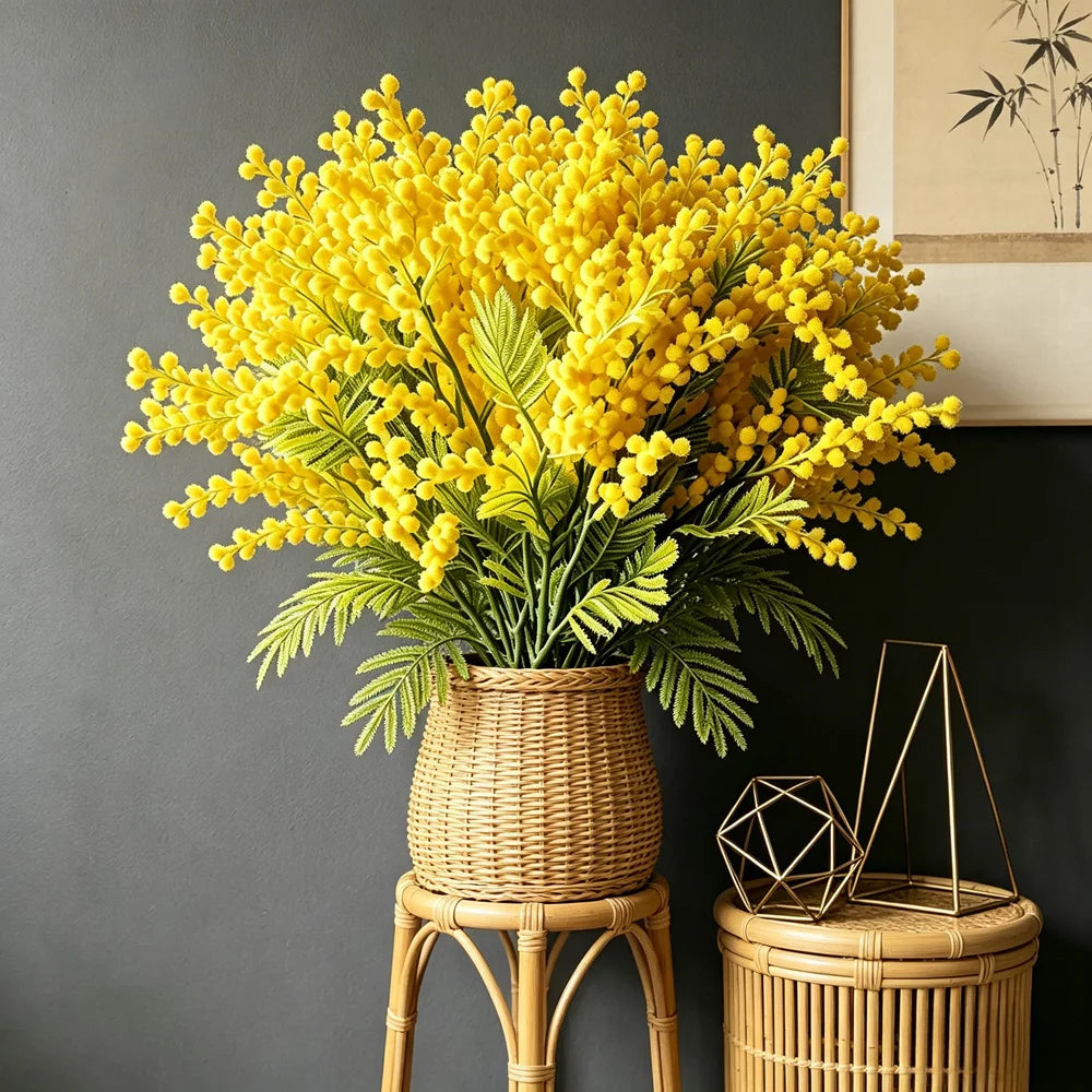 bouquet artificiel fleurs jaunes feuilles vertes deco moderne intérieur 38cm 62cm plastique qualite faux