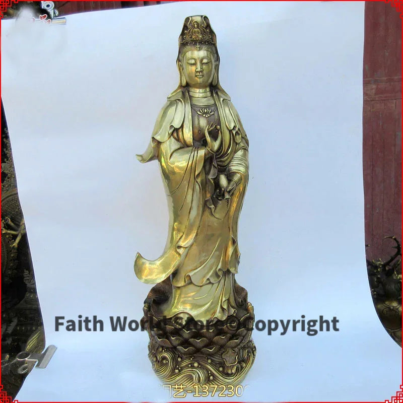 statue bouddhiste or lisse base motif floral cuivre traditionnel asiatique grande decoration maison hall