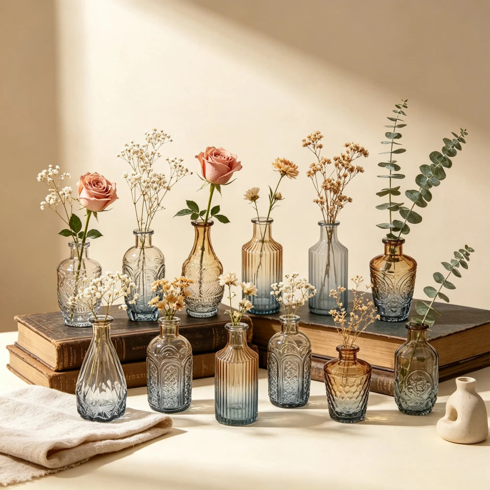 vases verre transparents ombre vintage vert marron bleu rose élégants décoration fleurs