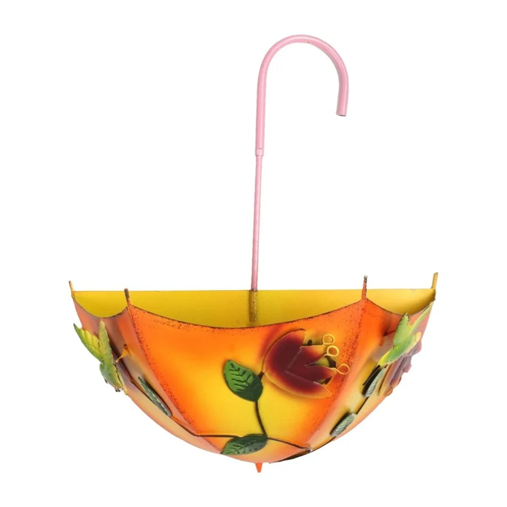 pots fleurs suspendus parapluies couleurs jaune bleu rose décorations florales motifs feuilles libellule rustique