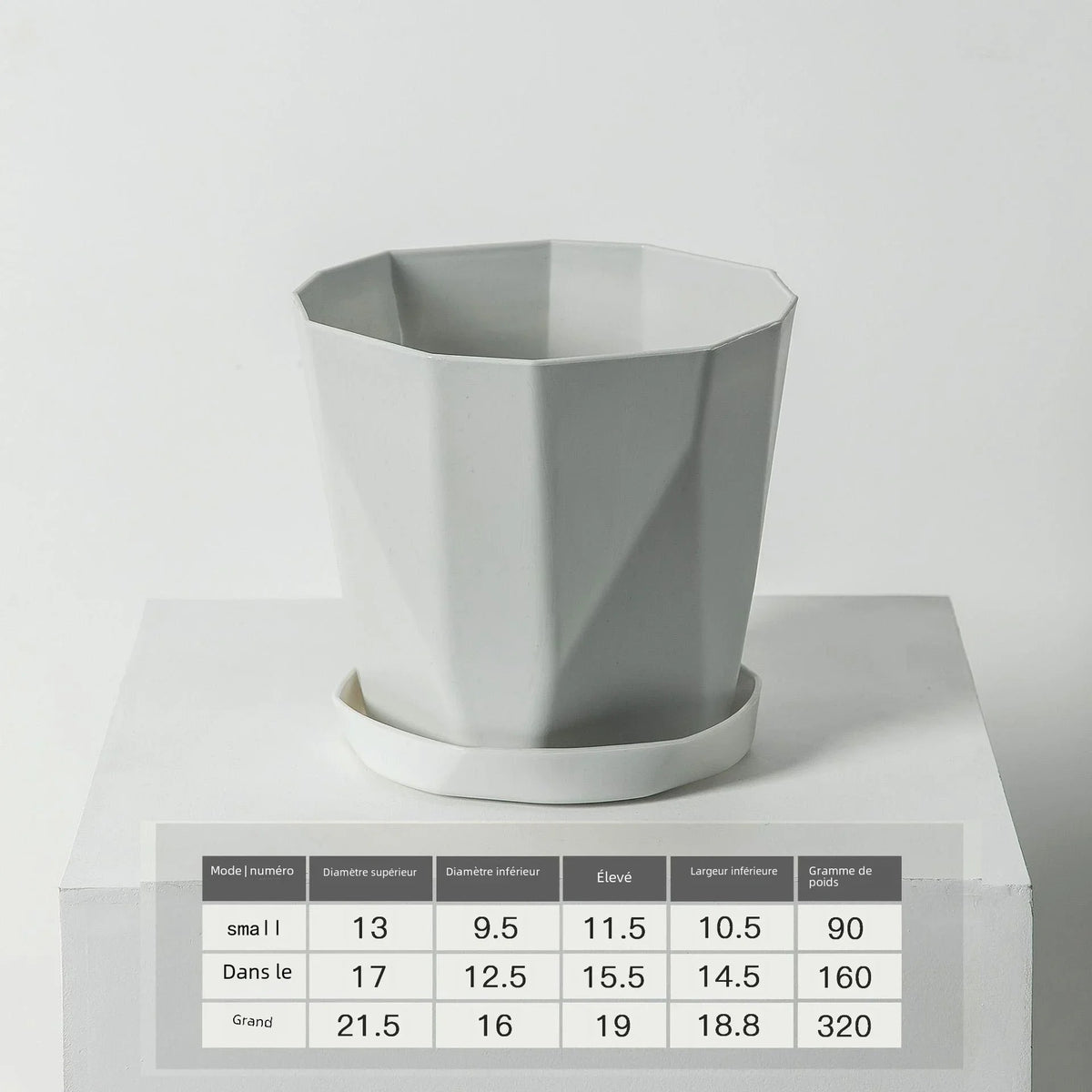 Pots fleurs modernes pots plastique facettes géométriques gris blanc plateau amovibleintérieurextérieur