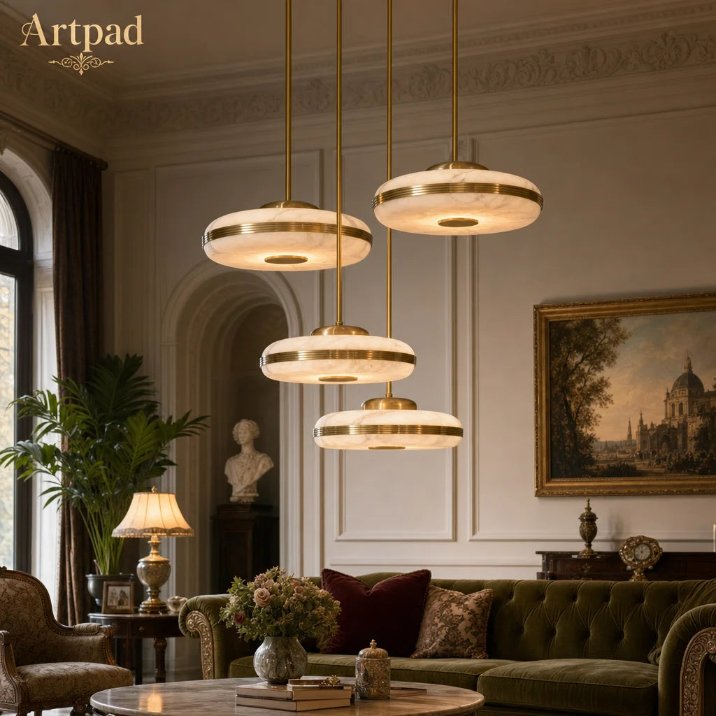 suspension lumineuse moderne marbre doré lumière blanche chaînes métalliques chambre salon restaurant