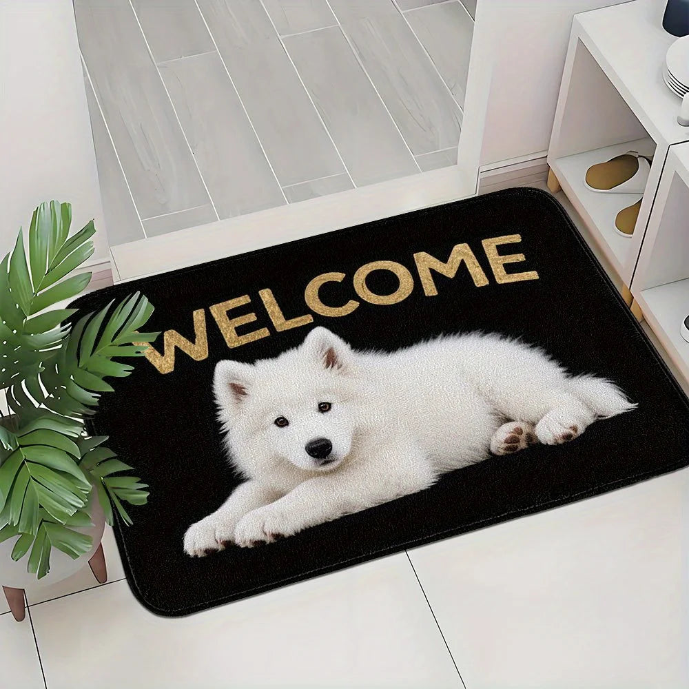 tapis d'entrée moderne chien blanc welcome noir géométrique antidérapant flanelle PVC