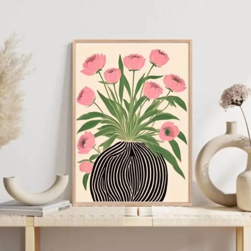 tableau moderne toile fleurs roses feuilles vertes vase rayé noir blanc minimaliste