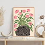 tableau moderne toile fleurs roses feuilles vertes vase rayé noir blanc minimaliste
