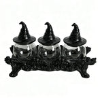 pots épices verre transparent couvercle chapeau sorcière présentoir motif floral gothique