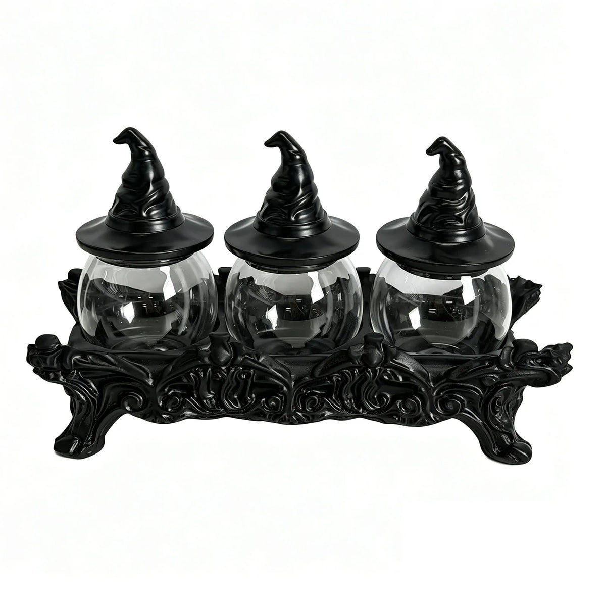 pots épices verre transparent couvercle chapeau sorcière présentoir motif floral gothique