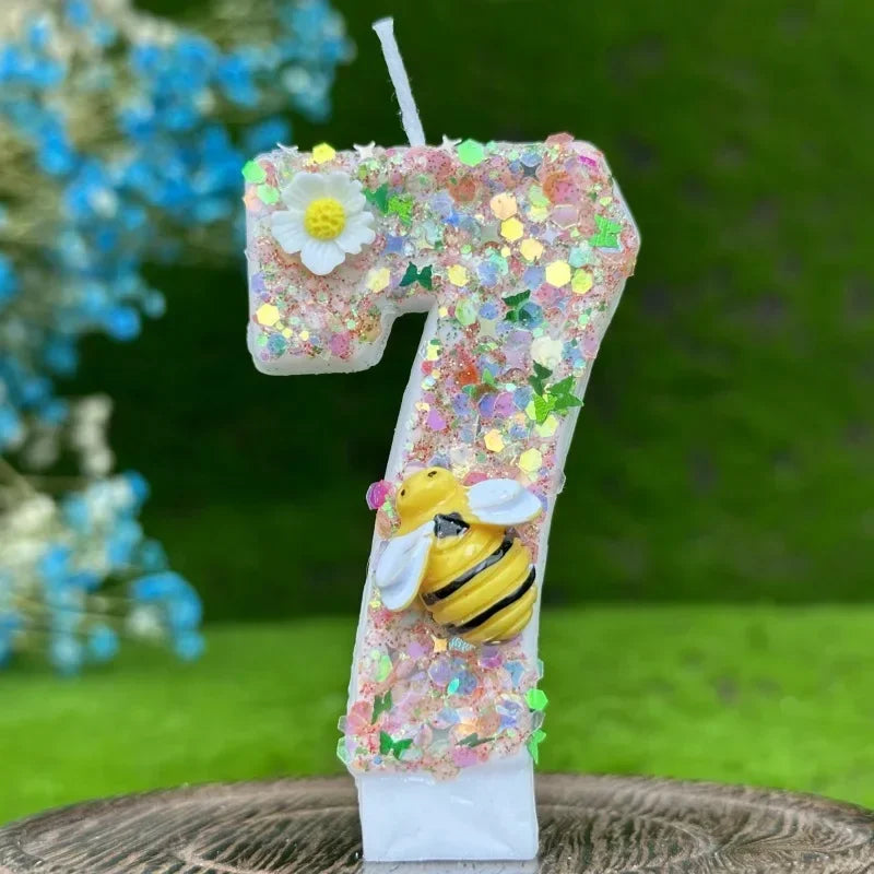 bougies chiffres paillettes abeilles fleurs anniversaire décoration enfantine festive multicolore
