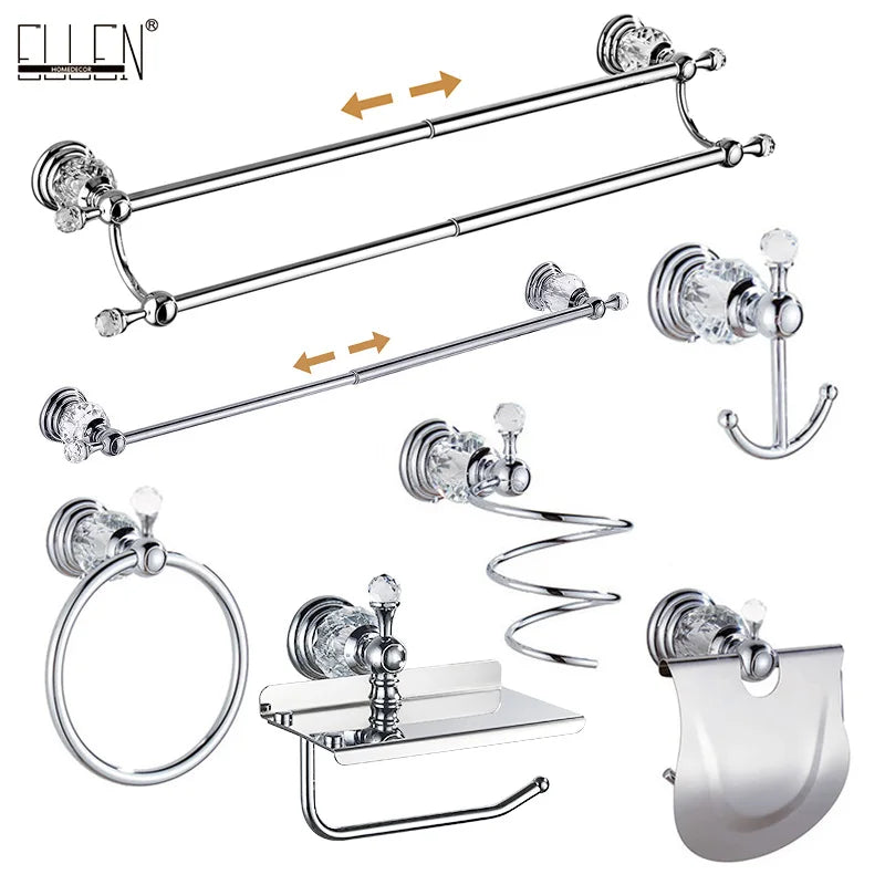 accessoires salle bain chrome cristaux motifs dorés porte savon dentifrice serviettes goblets sèche cheveux