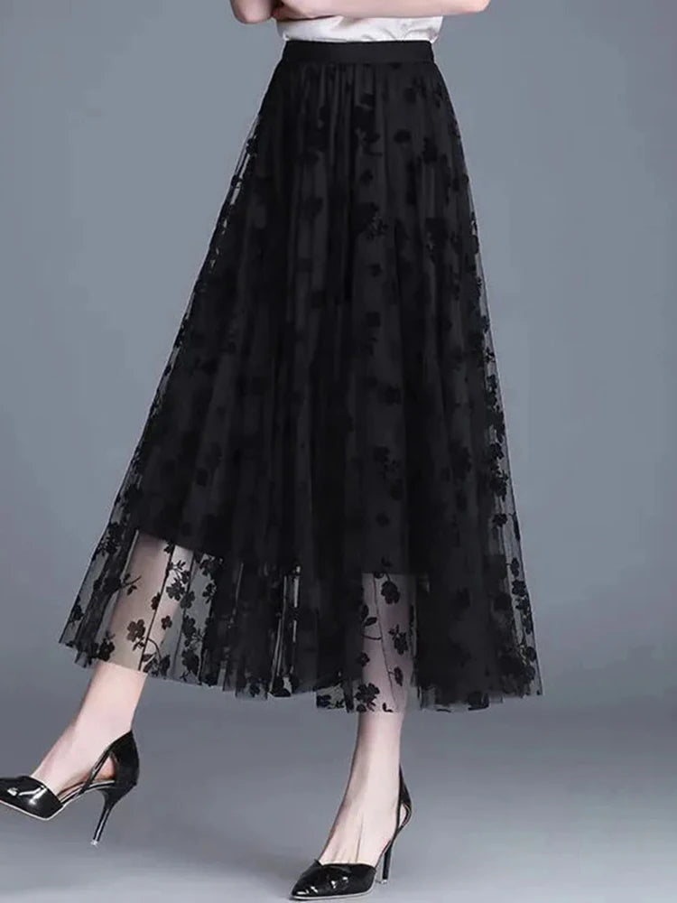jupe fleurée beige noir gris classique élégante tulle polyester translucide été plissée taille haute