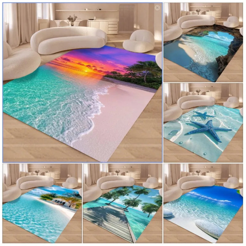 tapis moderne plage coucher soleil étoile mer antidérapant durable extérieur salon chambre bleu blanc