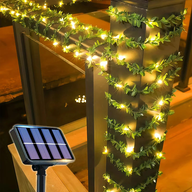 guirlande lumineuse solaire 100 led feuilles vertes lierre moderne clips autoinstallation jardin decoration