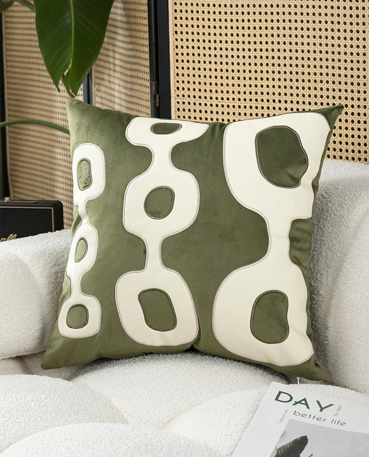 coussin moderne patchwork vert brodé amovible lavable salon chambre decoration adultes tissu polyester coton