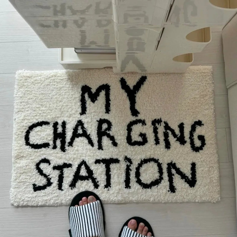 tapis moderne blanc lettres noires antidérapant résistant saleté polyester haute qualité sol chambre coucher