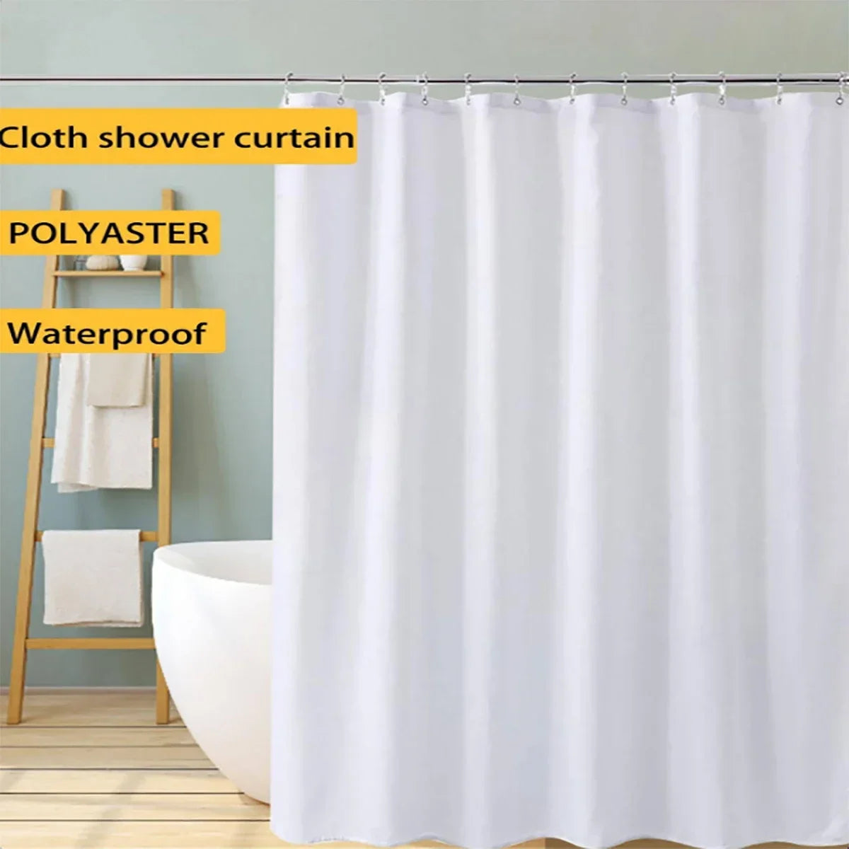 rideau douche blanc uni moderne imperméable tissu polyester anneaux métalliques salle bain cloison