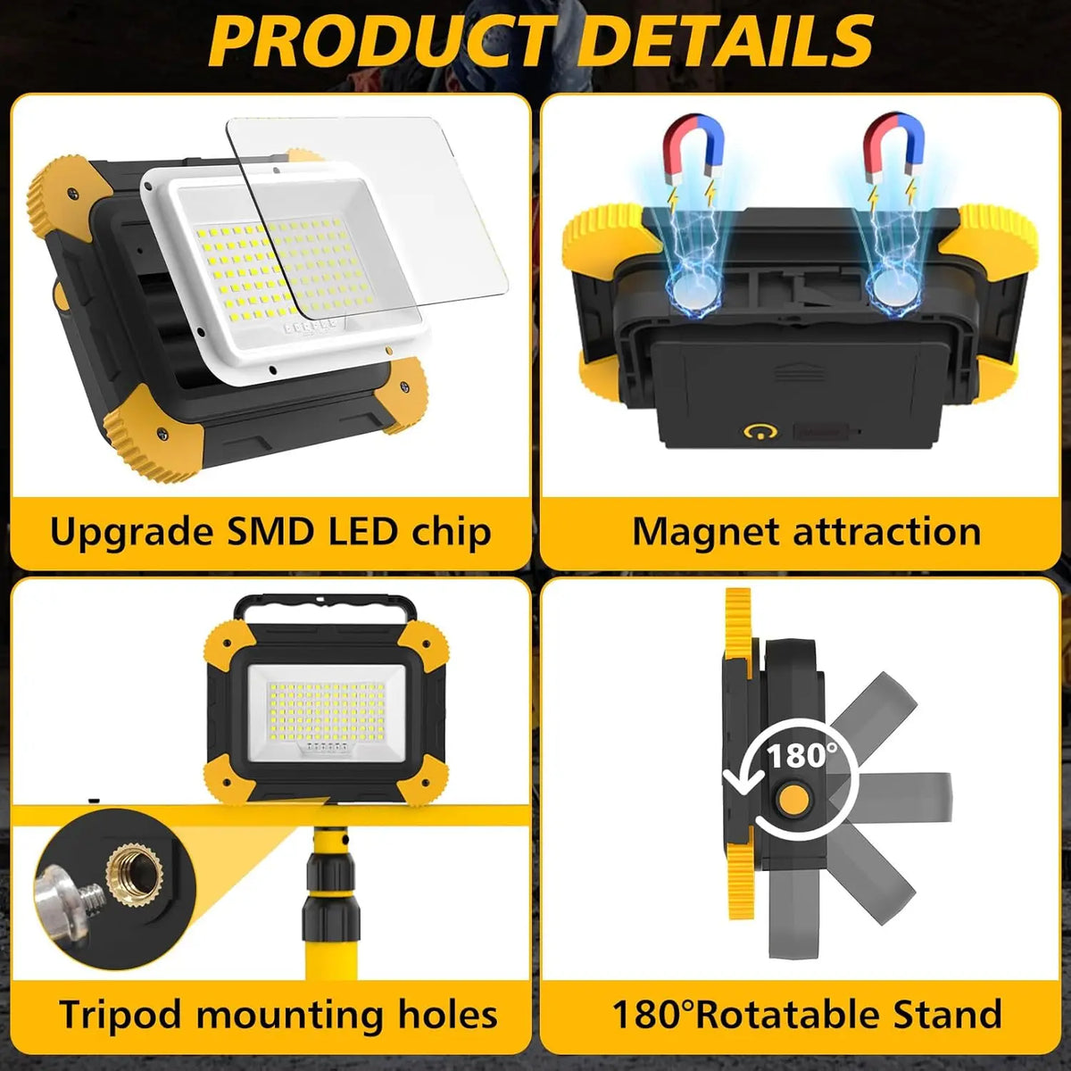 lampe travail led portable noir jaune moderne clips magnétiques rechargeable certification rohs ccc
