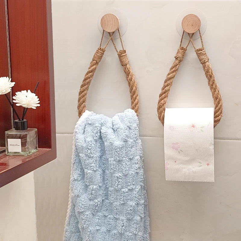 porte rouleau papier toilette rustique corde tressée bois clair support mural rangement salle bains