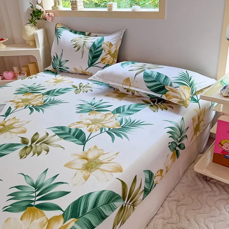 draps housses fleurs tropicales moderne blanc vert jaune pièces lit 120cm 150cm 180cm 200cm