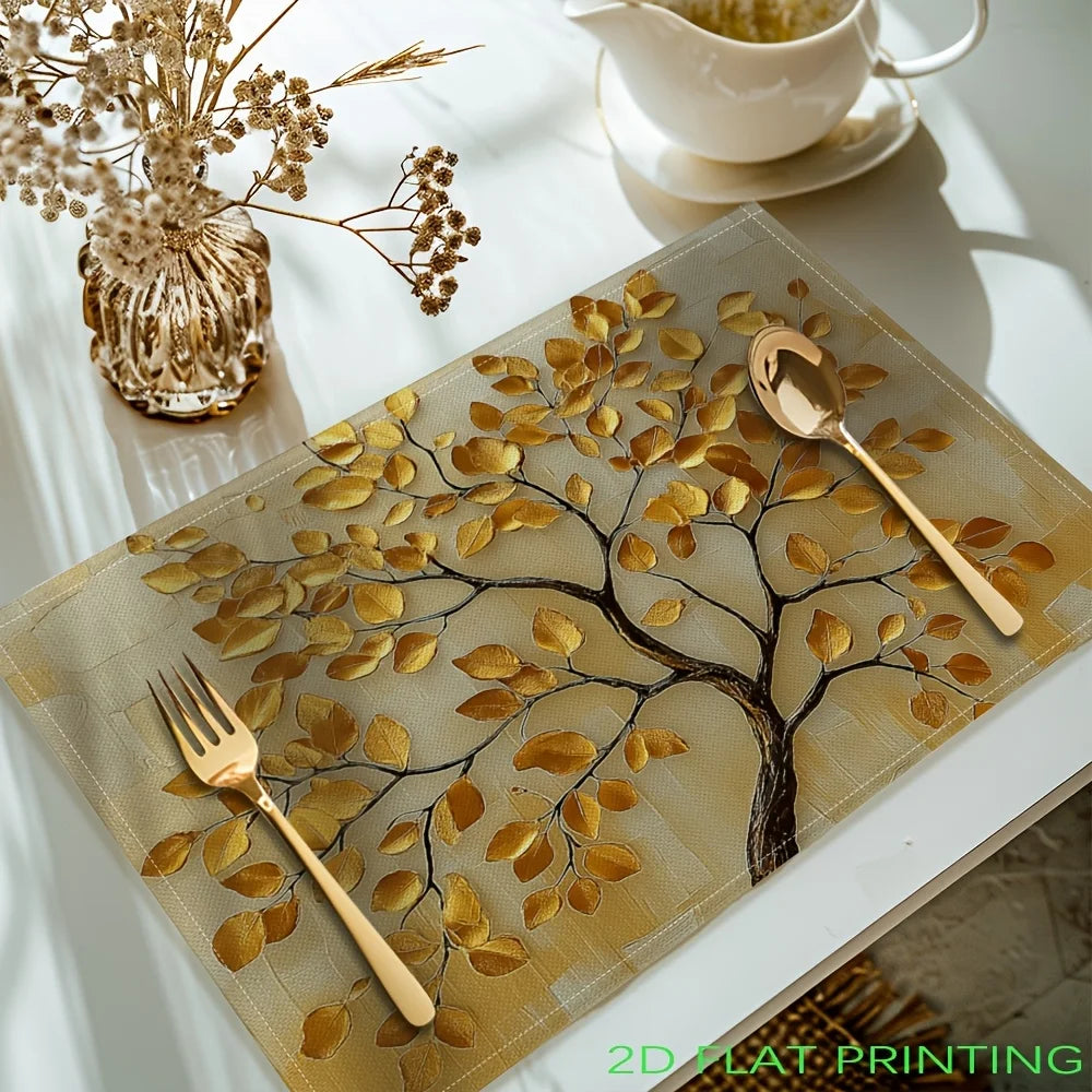 serviettes table moderne arbre feuilles dorées beige noir lin table manger