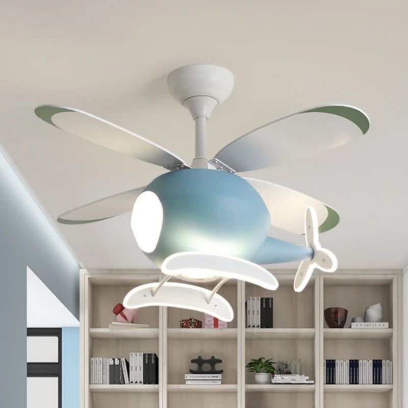 ventilateur lampe intégrée hélicoptère bleu blanc jaune moderne télécommande led enfants chambre salon