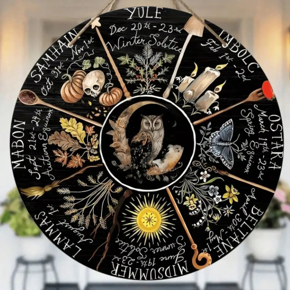 calendrier wicca décoration murale métal noir symboles saisons textes fixations murales artisanat illustratif spiritualité