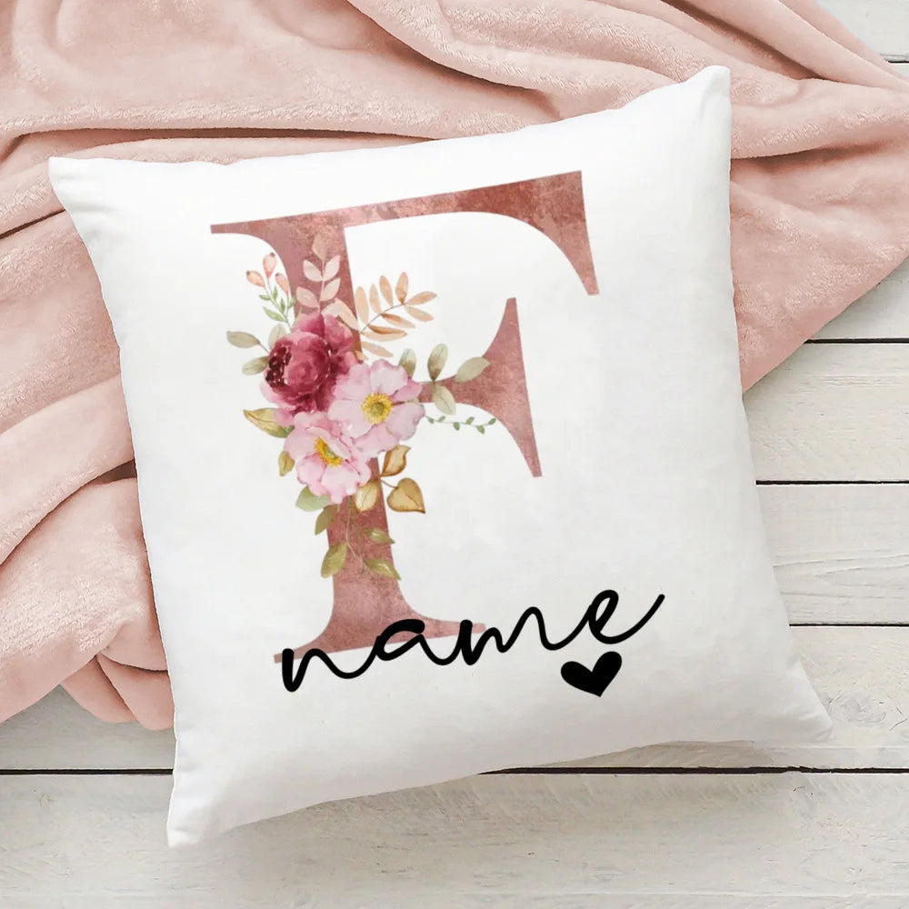 taie d'oreiller motif floral rose lettres initiales respectueux environnement moderne blanc