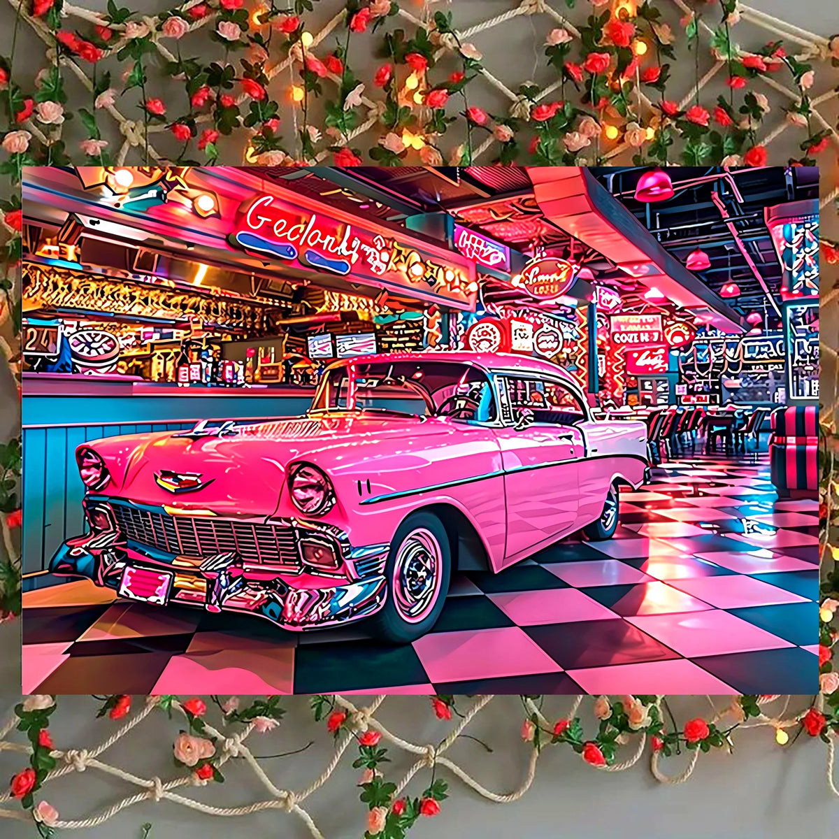 affiche murale pop art voiture vintage géométrique rose bleu noir blanc occasion fête