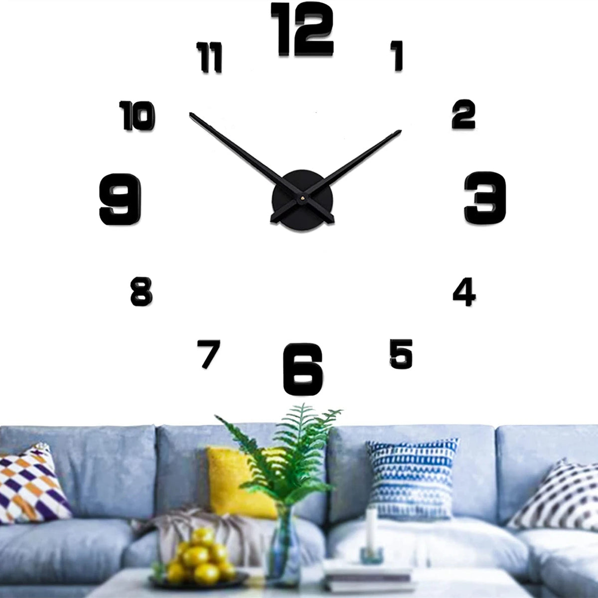 grande horloge murale ronde noire moderne chiffres blancs fixation adhésive salon