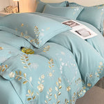 ensemble literie coton broderie florale dorée beige rose pâle housse couette taies drap