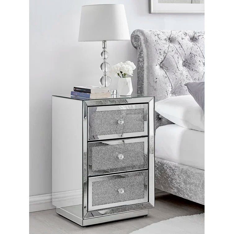 commode moderne miroir argentée paillette tiroirs poignées cristal chambre coucher glamour