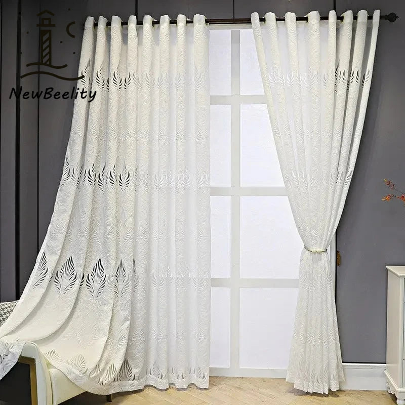 rideau blanc tulle translucide feuilles découpées moderne salon chambre décoration fenêtre anneaux classique
