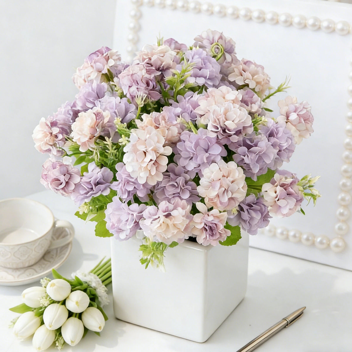 bouquet hortensia artificielle soie blanche verte décoration mariage anniversaire intérieur moderne fixe ruban