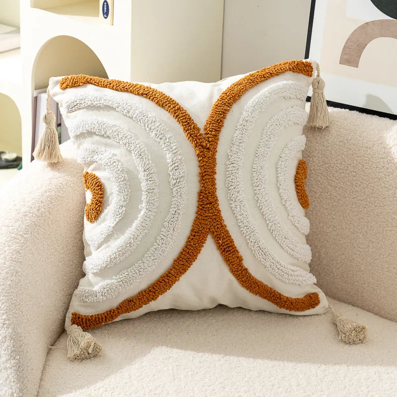 taies d'oreiller carrées 45x45cm moderne motifs géométriques blanc marron vert bleu beige tasseaux