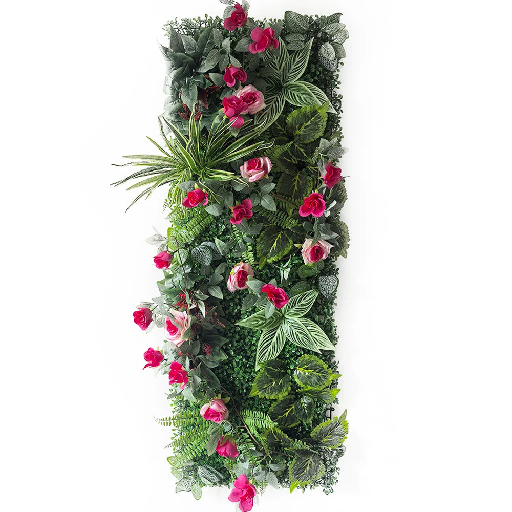 panneau végétal artificiel fleurs roses feuilles vertes décoration murale jardin mariage extérieur intérieur moderne