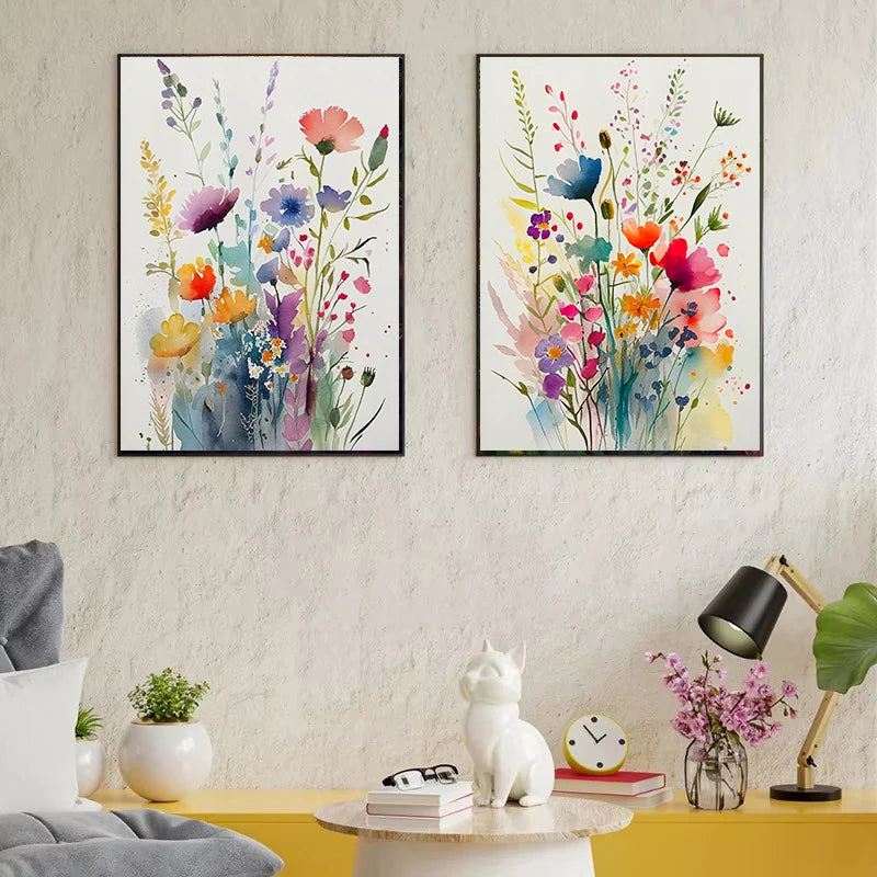 tableau moderne minimaliste multicolore fleurs aquarelle toile cadre bois chambre salon déco sans frame
