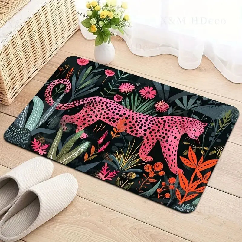 tapis moderne léopard fleurs antidérapant rose noir entrée salle bain porche