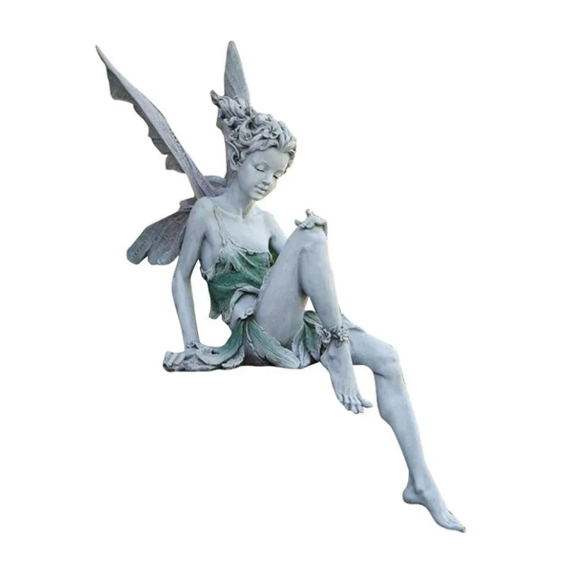 ornement extérieur statue fée assise résine détails floraux blanc marron fantastique