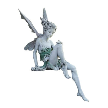 ornement extérieur statue fée assise résine détails floraux blanc marron fantastique