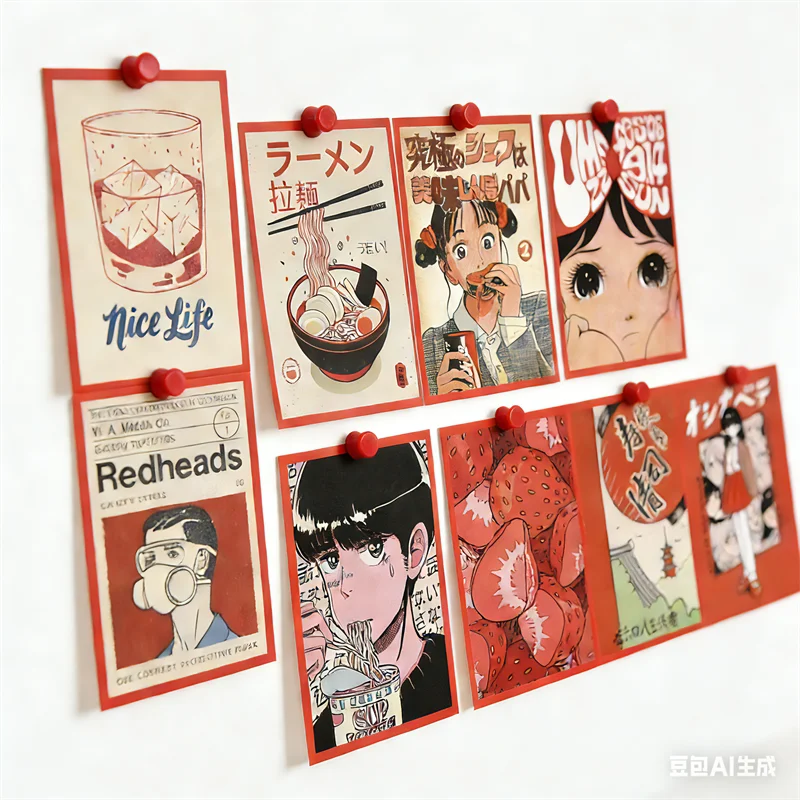 cartes postales pop art personnages japonais textes illustrations nourriture clips bois rouge blanc noir