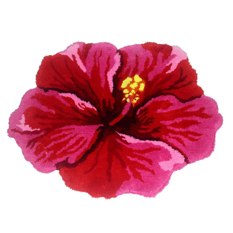tapis moderne acrylique flocage fleurs hibiscus velours épais rouge salle bain chambre salon