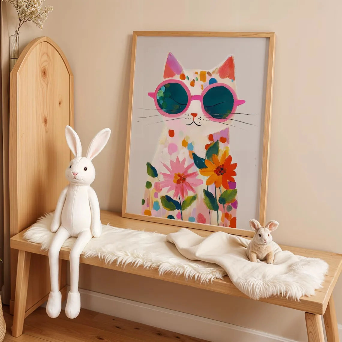 affiche murale chat lunettes fleurs colorée moderne blanche rose bleue verte orange jaune rougeviolette