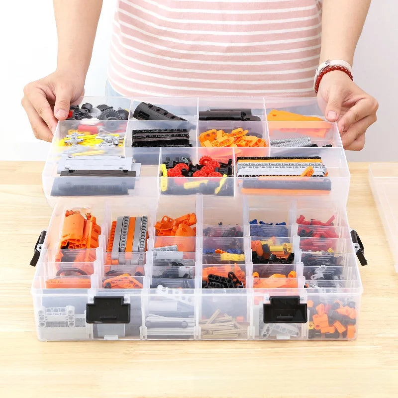 organisateur transparent rangement modular compartiments pieces lego tiges engrenages boites plastique noir pratique utilitaire