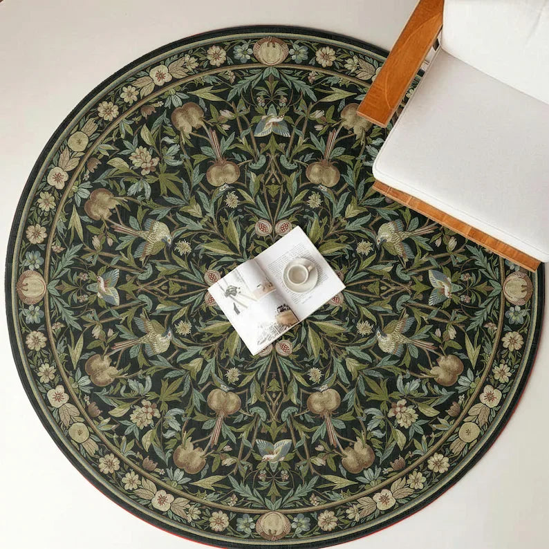 tapis rond floral vintage vert beige noir décoration intérieure classique 80x80cm pp polypropylène polyester